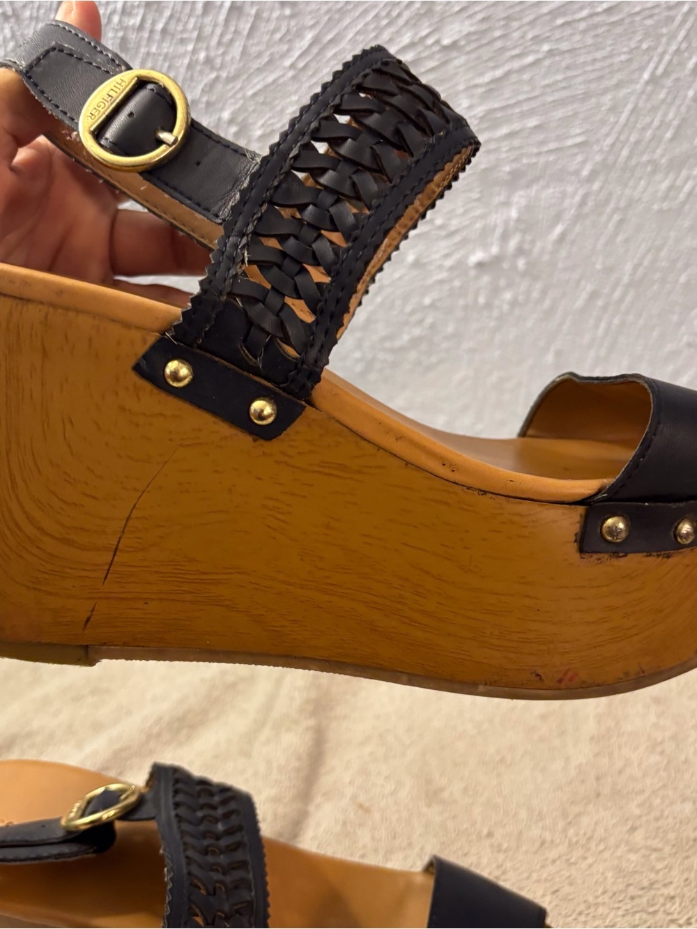 Tommy Hilfiger Navy Woven Faux Leather Wedge SandalTan Wood-Look Platform SZ 8M